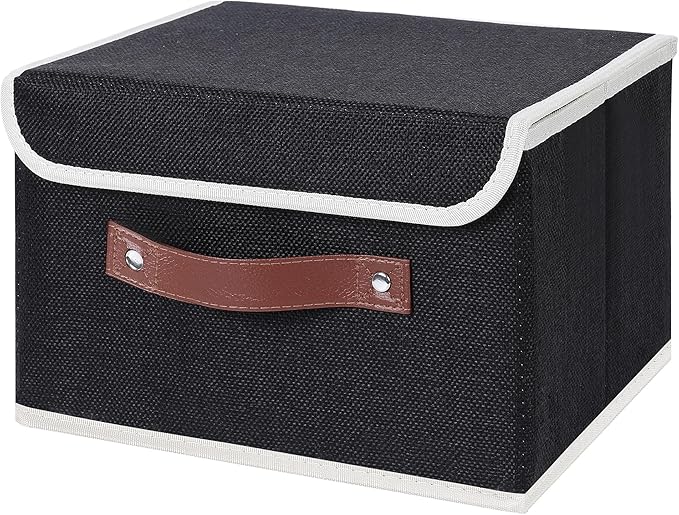 ANMINY Storage Bin with Lid Storage Boxes with PU Leather Handles PP Plastic Board Decorative Foldable Lidded Cotton Linen Fabric Home Cubes Baskets Closet Organizer Container - Black, Small Size-CubbioJoy
