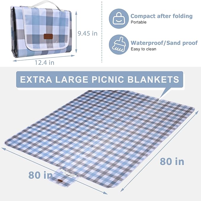 80"x80" Extra Large Waterproof Outdoor Mat - Sandproof Foldable Picnic Blanket for Family Camping, Backyard, Beach Parties - Heavy Duty & Easy Storage (Blue&Gray)-CubbioJoy