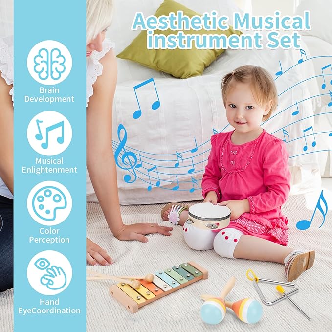 Baby Musical Instruments Set Wooden Montessori Toys for Toddlers 1-3 Percussion Instruments Set Modern Boho Music Toys for Kids Preschool Educational.-CubbioJoy