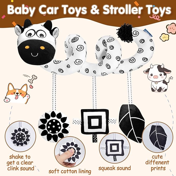Car Seat Toys for Babies 0-6 Months,Hanging Rattle Toys for Crib Mobile, Baby Spiral Hanging Stroller Black and White High Contrast Toys for Newborn 0 3 6 9 12 Months Baby Boys Girls (Cow)-CubbioJoy