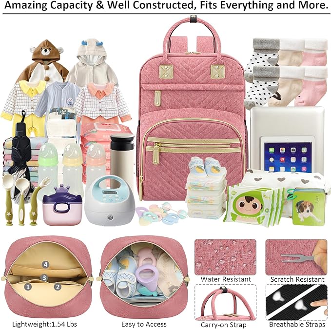 Baby Diaper Bag Backpack Tote for Women Large Capacity with Insulated Pockets Multifunctional Waterproof Diaper Bags For Baby Girl Boy Mama Maternity Travel Bag Pink-CubbioJoy