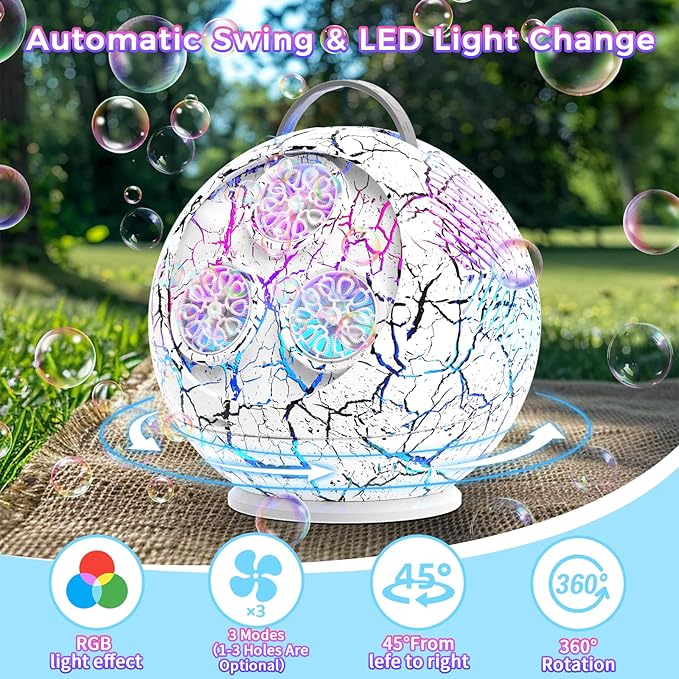 Bubble Machine Automatic Bubble Blower for Kids Toddlers Rechargeable Portable Spherical LED Bubble Maker Electric Auto Rotating 45°/360° Outdoor Toy Birthday Party Wedding (Spherical Crackle White)-CubbioJoy