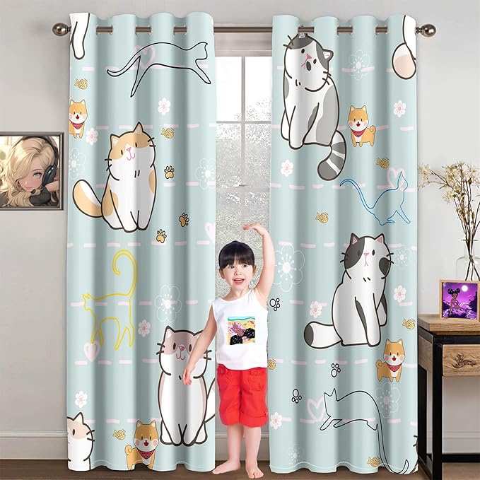 Cartoon Cat Blackout Curtains for Girls Room - Grommets Top, Animal Themed, Thermal Insulated Panels for Bedroom, Nursery Decor, 82 in x 84 in-CubbioJoy