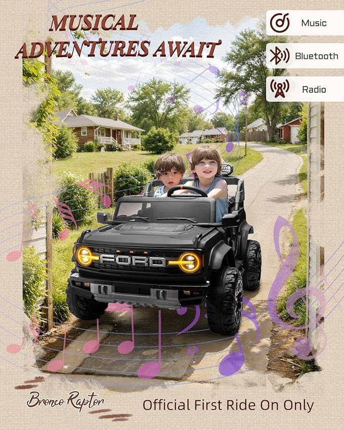 24V Ride on Toys for Big Kids, Licensed Ford Bronco Raptor Electric Car 2 Seater with Remote Control, Kids Ride on Cars w/ 2-Seater, 4.3 Mph Max Speed, Soft Start Function (24V, Black)-CubbioJoy