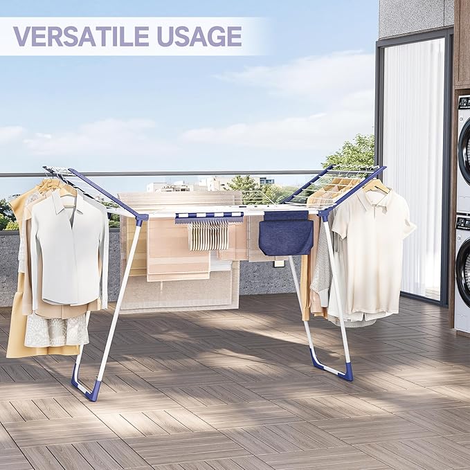 APEXCHASER Clothes Drying Rack Foldable, Drying Rack Clothing Large Space, Winged Laundry Rack with Sock Clips for Hanging Towels Clothes Dress Bedding Indoor Outdoor, White-CubbioJoy