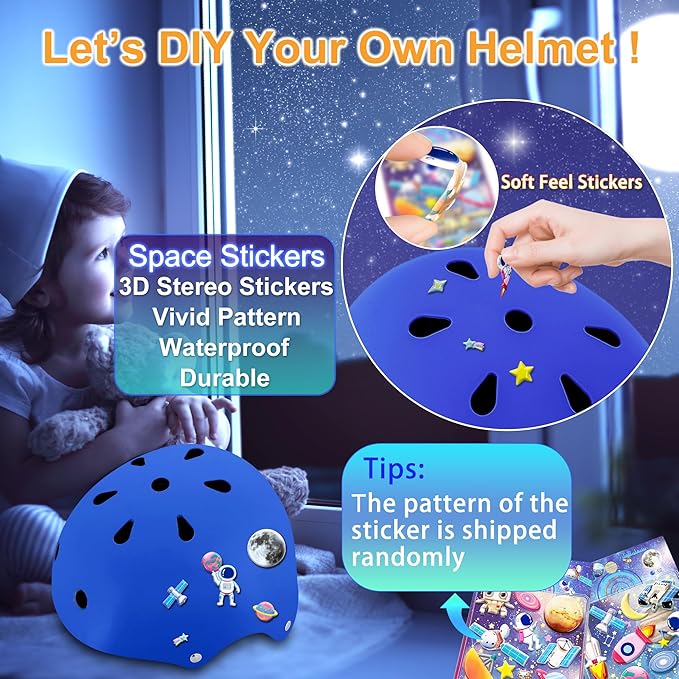 Kids Bike Helmet with DIY Stickers and Knee Pads Elbow Pads Wrist Guard Set for Ages 3-8-14 Toddler Boys Girls Helmet for Roller Skates Cycling Skateboarding Bicycle Scooter-CubbioJoy