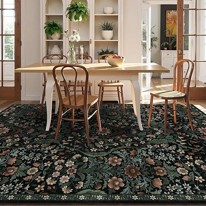 5×7 Black Washable Floral Area Rug,Vintage Boho Soft Low-Pile Living Room Rugs, Stain Resistant Botanical Non-Slip Carpet for Bedroom,Dining Room, Kids Nursery,Home Decor-CubbioJoy