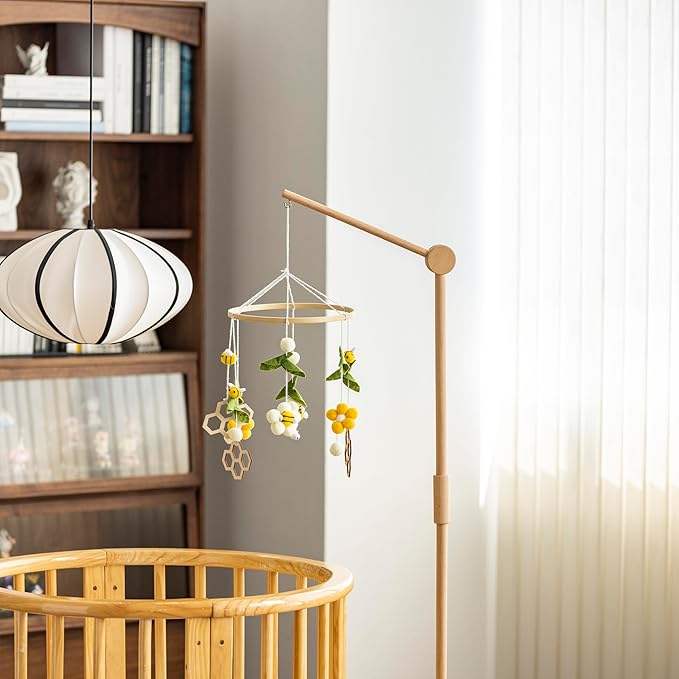 Crib Mobile Arm Wooden Floorstanding - 61 Inches Mobile Arm for Crib|Movable Baby Mobile Hanger|Strong Anti-Dumping Attachment|100% Natural EU Beech Wood|Thicker Wooden Pole|Boho Nursery Decor-CubbioJoy