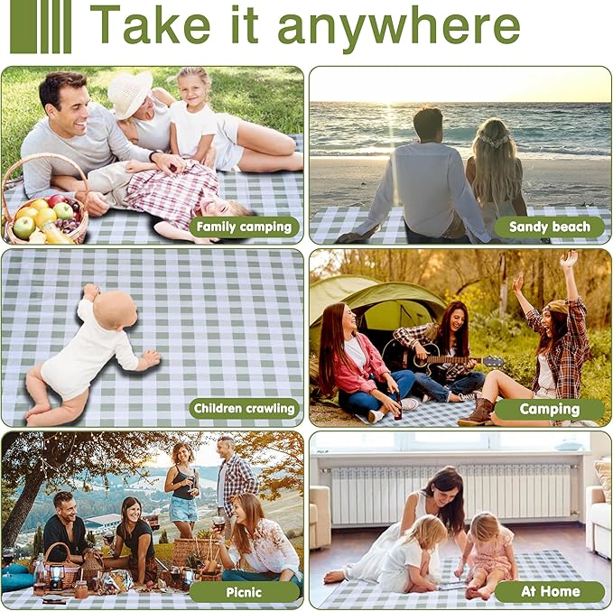 80"x60" Waterproof Sandproof Picnic Mat - Portable Foldable Outdoor Blanket for Beach, Park, Travel & Indoor Use - Lightweight Compact Design, Easy-Carry (Green&White)-CubbioJoy