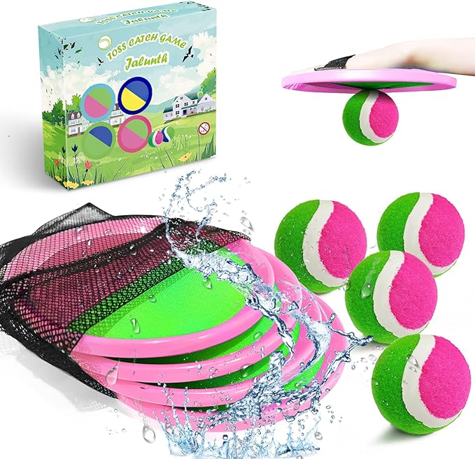 Jalunth Ball Catch Set Game Toss Paddle - Beach Toys Back Yard Outdoor Pool Games Backyard Target Throw Sticky Mitts Set Age 3 4 5 6 7 8 9 10 11 12 Years Old Boys Girls Kids Easter Gifts Pink 2 Pack-CubbioJoy