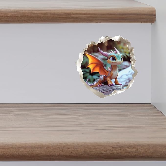 Baby Dragon 3D Wall Decal – Cute Fantasy Sticker with Torn Wall Effect – 4.7W x 4.5H inches-CubbioJoy