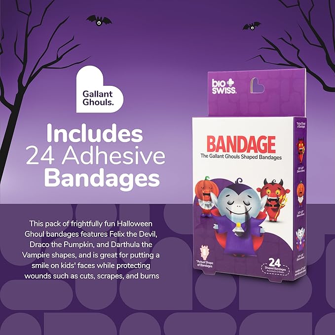 BioSwiss Bandages, Halloween Ghouls Shaped Self Adhesive Bandage, Latex Free Sterile Wound Care, Fun First Aid Kit Supplies for Kids and Adults, 24 Count-CubbioJoy