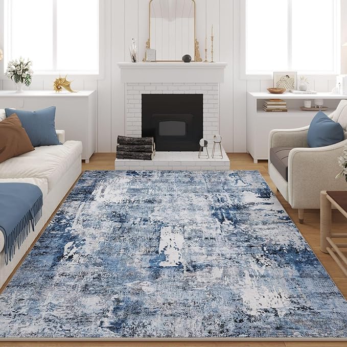 8x10 Rug Washable Boho Rug Soft Large Area Rug Non-Slip Non-Shedding Faux Wool Vintage Rug for Living Room, Farmhouse, Dining Room, Indoor, Kids Playroom, Blue-CubbioJoy