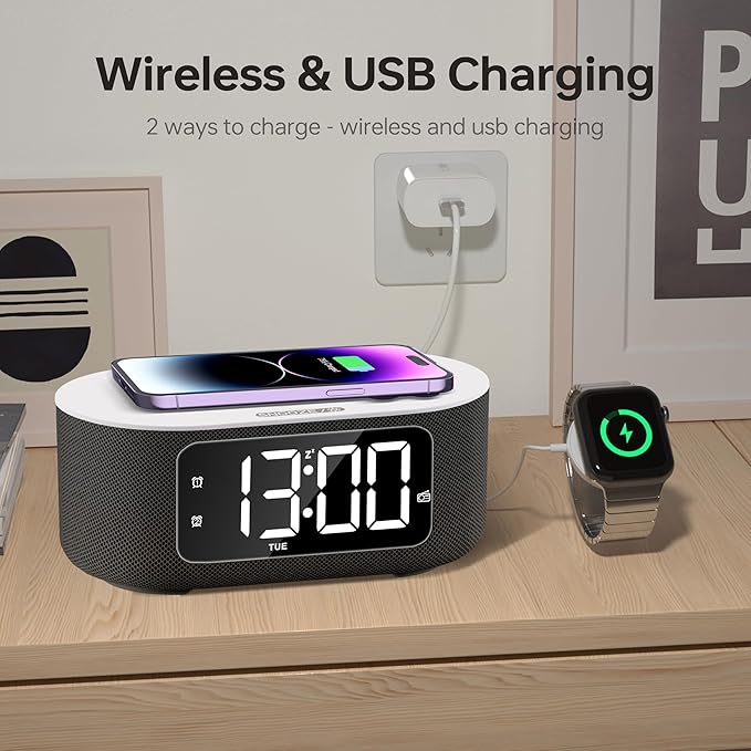 JALL Fabric Alarm Clock for Bedroom, with Big Led Screen Display, Bluetooth Stereo Sound Speaker, FM Radio, Fast Wireless Charging, USB Charging Port, Nightlight, White Noise, Ideal for Gift, Black-CubbioJoy