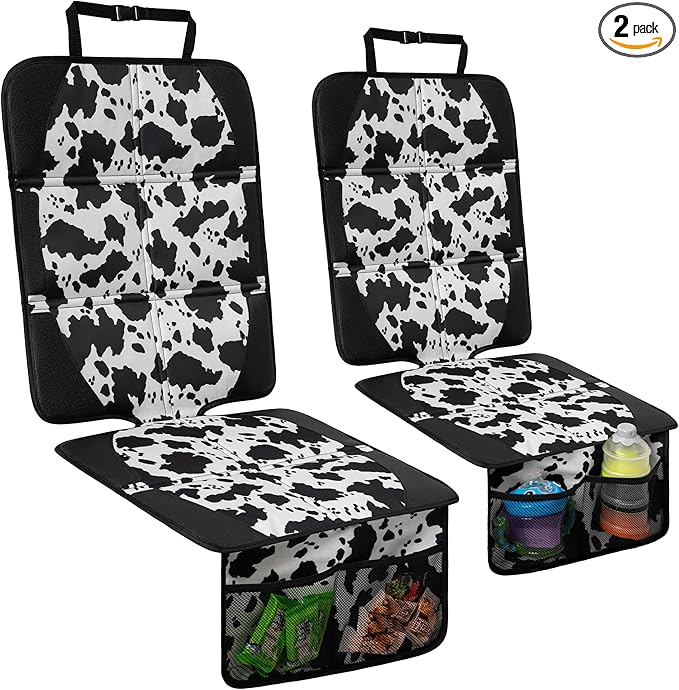 Car Seat Protector for Child Car Seat, 2 Pack Baby Car Seat Covers with Mesh Pockets & Non-Slip Backing 600D Durable Seat Protector Under Baby Car Seat for Car Back Seat (Cow Print, Large)-CubbioJoy