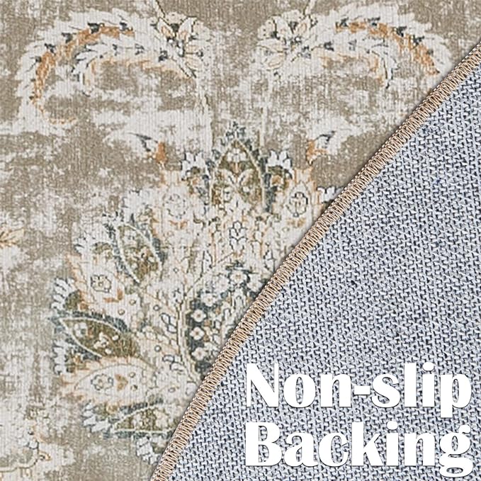 jinchan Round Rug 4ft Area Rugs Vintage Floral Distressed Design - Machine Washable Non-Slip Low-Pile Ultra-Thin Circle Rug for Entryway Bedside Living Room Dining Room Bedroom (4' Round,Taupe)-CubbioJoy