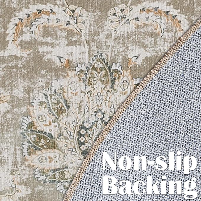 jinchan Round Rug 6ft Area Rugs Vintage Floral Distressed Design - Machine Washable Non-Slip Low-Pile Ultra-Thin Circle Rug for Entryway Bedside Living Room Dining Room Bedroom (6' Round,Taupe)-CubbioJoy