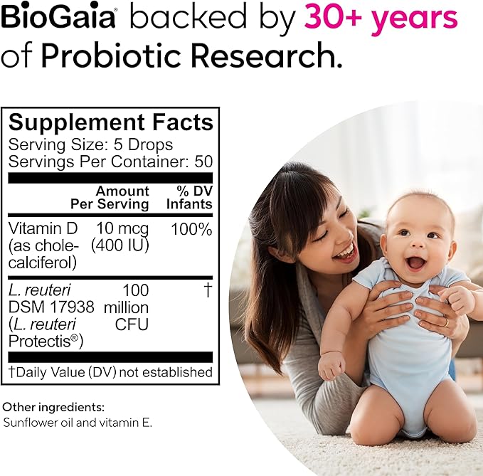 BioGaia Baby Probiotic Drops - Colic & Gas Relief + Vitamin D, 50-Day Supply, Safe for Newborns, Reduces Crying, Fussing, Colic, Gas, Spit-ups & Constipation, No allergens, Dairy or Soy (Pack of 2)-CubbioJoy