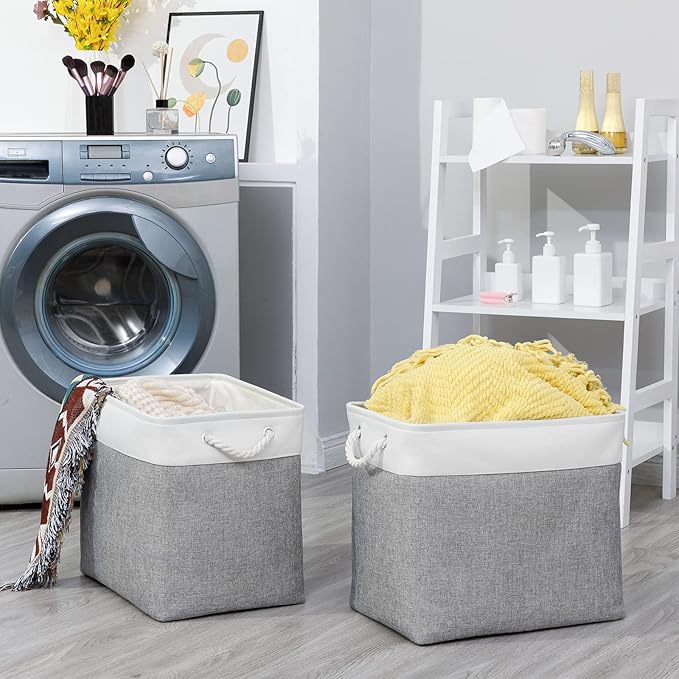 Bidtakay Large Storage Bins for Clothes Fabric Deep Baskets for Organizing Set of 2 Grey Fabric Pantry Storage Bins for Hallway Living Room Blankets 17x12x15 in Extra Large Shelf Tote Baskets-CubbioJoy