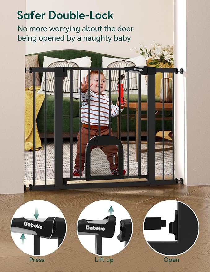 Babelio Upgraded Baby Gate with Cat Door, 29-43" Auto Close Durable Dog Gate for Stairs, Doorways and House, Easy Walk Thru Safety Gate with Pet Door Includes 4 Wall Cups, Black-CubbioJoy