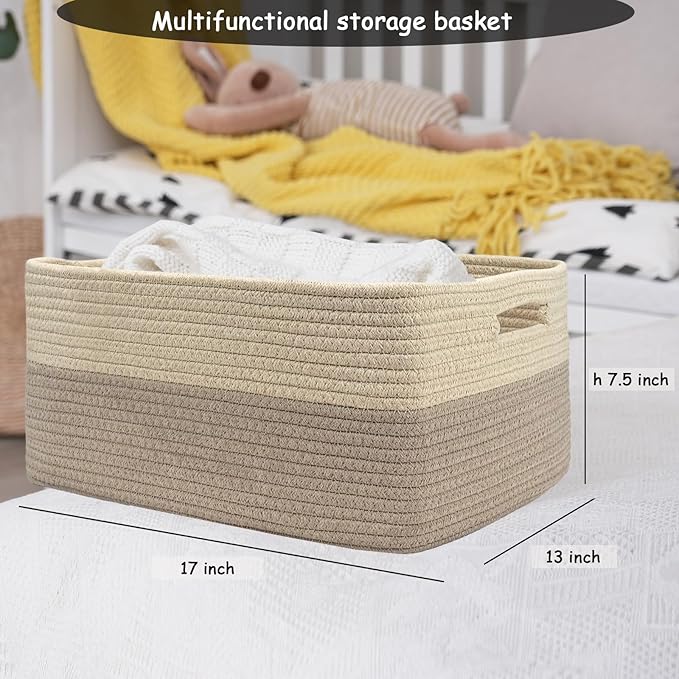 COMFY-HOMI Cotton Rope Woven Basket with Handles for Shelves,Toys,Book, Cloth Storage Baskets for Organizing-17" x 13" x 7.5" Toy Decorative Organizer for Living Room, Bathroom （Beige brown）-CubbioJoy