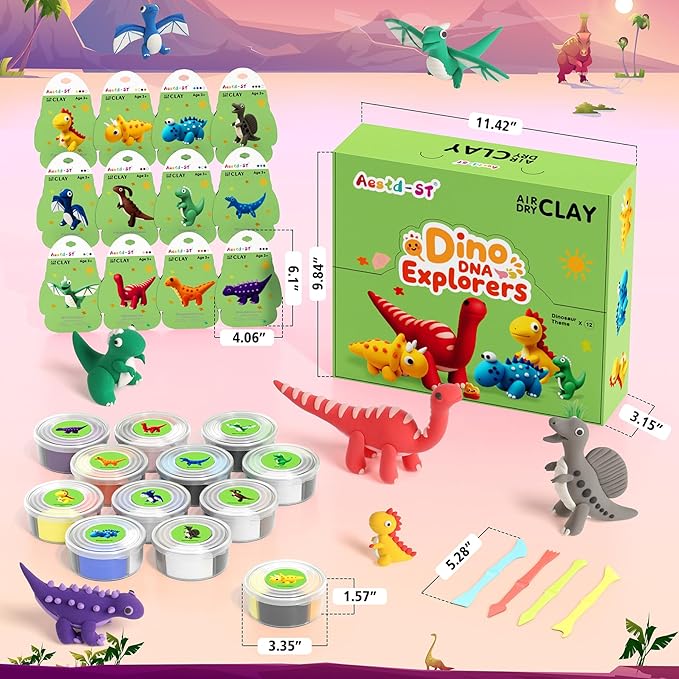 Air Dry Clay Kit - Dinosaur Theme, Modeling Clay for Kids, DIY Model Magic with Sculpting Tools and Tutorials, 12 Boxes Molding Clays, Ultra Light, Soft & Non-Toxic, Arts and Crafts Gift for Kids-CubbioJoy