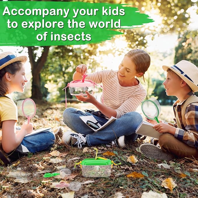 2Sets Bug Catcher for Kids - Sturdy Kids Bug Catching Kit Gifts with Collector Butterfly Net Tweezer, Bugs Habitat Outdoor Explorer Kit for Age 3 4 5 6 7 8, 8Pcs, Green & Pink-CubbioJoy