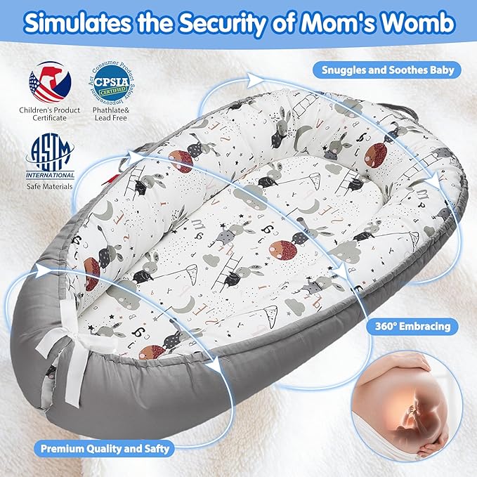 Baby Lounger - Breathable & Soft Baby Nest, Portable and Lightweight Tummy Time Lounger for Home and Travel, Ideal Newborn Babies Essentials Baby Shower Gifts-CubbioJoy