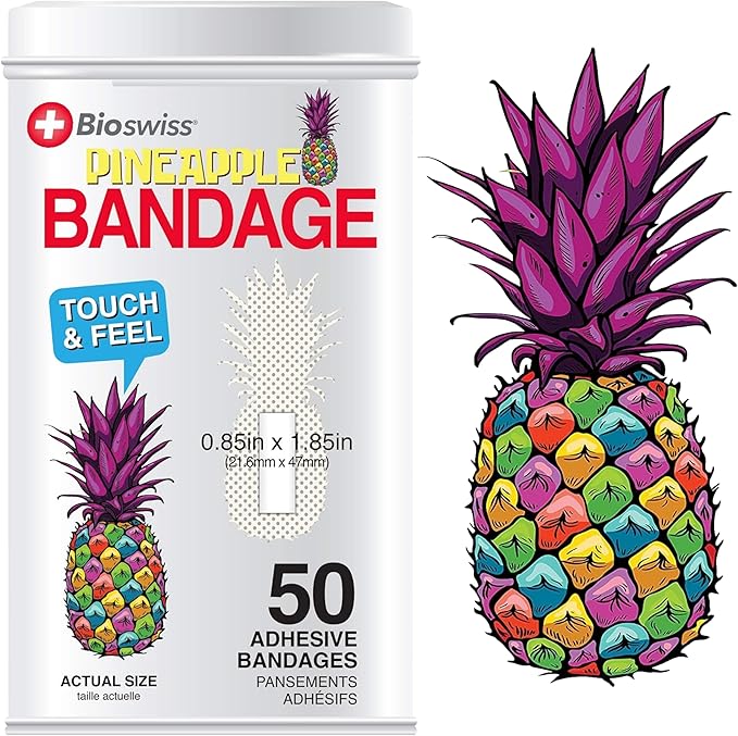 BioSwiss Bandages, Pineapple Shaped Self Adhesive Bandage, Latex Free Sterile Wound Care, Fun First Aid Kit Supplies for Kids, 50 Count-CubbioJoy