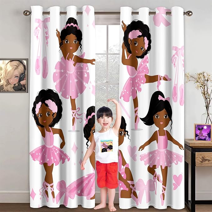 Cute Black Girl Curtain Panels for Girl Room Black Girl Curtains Grommets Top Drapes for Kids Nursery Bedroom Lovely Girls Themed Thermal Insulated Curtains, Black Girl Curtains, 82" x 84"-CubbioJoy