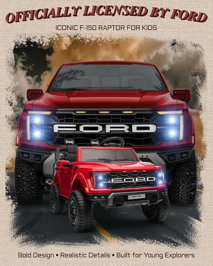 24V 2 Seater Ride on Toys for Kids, Licensed Ford F-150 Raptor Kids Electric Vehicles w/Remote Control, Power Pedal and Durable Wheels, LED Lights, Bluetooth, Truck Bed Storage (Red)-CubbioJoy
