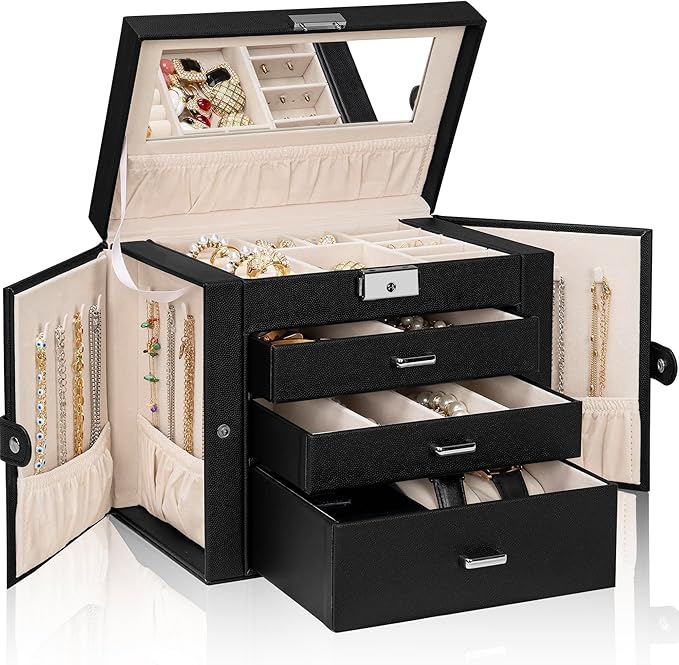 AKOZLIN 4-Tier Jewelry Box Lockable Leather Jewelry Storage Case Organizer with 3 Drawers for Women Girls Ring Necklace Earring Bracelet Watches Holder with Mirror-CubbioJoy