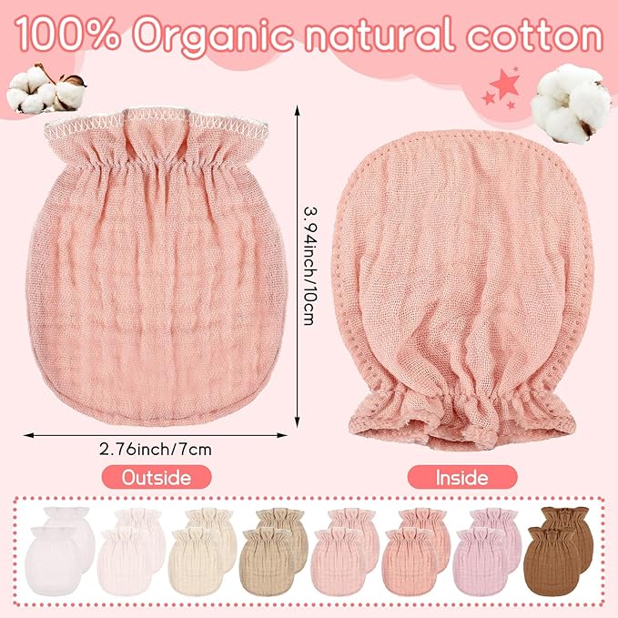 8 Pairs Newborn Baby Muslin Mittens 0-6 Months No Scratch Elastic Wrist Soft Breathable Gloves Bulk Cotton for Infant-CubbioJoy