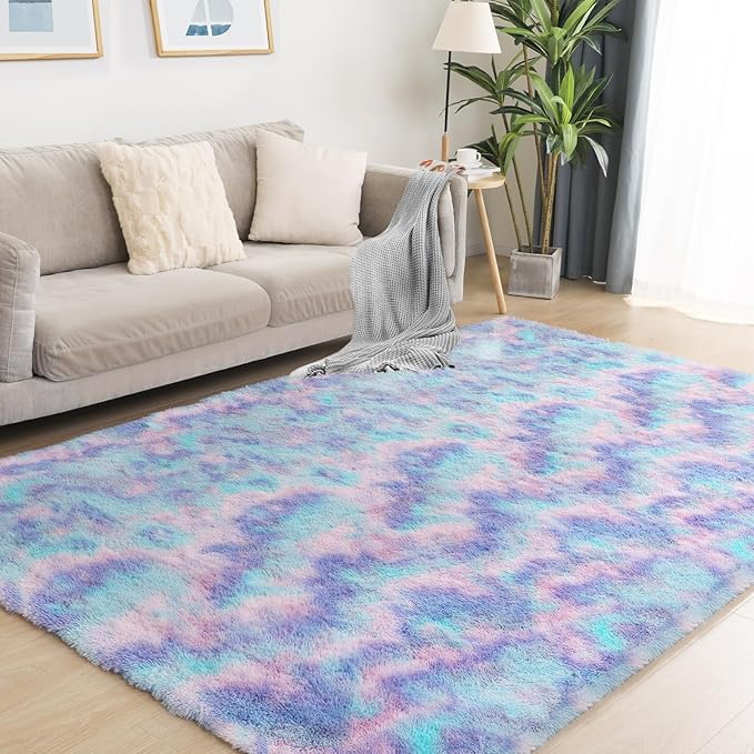 4x5.8 Rainbow Rug for Girls Room, Fluffy Area Rugs for Bedroom, Colorful Kids Rug Cute Anti-Skid Indoor Carpet for Nursery, Living Room, Playroom, Home Decor-CubbioJoy