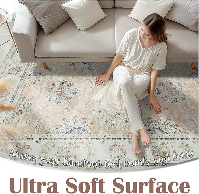 jinchan Washable Area Rug 4x6 Ultra-Thin Low Pile Non-Slip Stain Resistant Soft Faux Wool Spring Floral Rug Distressed Vintage Carpet for Bedroom,Living Room,Dining Room,Kitchen,Nursery(Pink, 4' x 6')-CubbioJoy