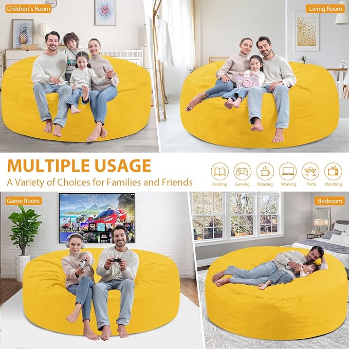 6FT Bean Bag Chair, Large Bean Bag Chairs with Memory Foam Filled, Fluffy Beanbag Sofa with Dutch Velvet Cover, Round BeanBag Chairs for Living Room, Playroom - Lemon-CubbioJoy