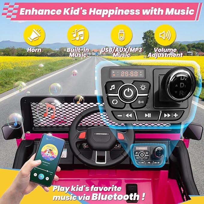24V 4WD Ride on Truck Car w/800W Motors, Gift Flower, Remote Control, 2 Seaters, Light Bar, 3 Speeds, Pop Music, Power Four Wheels, 24 Volt Ride on Toy Car for Big Kids, Rose Red-CubbioJoy