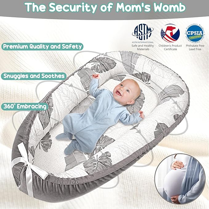 Baby Lounger - Baby Lounger for Newborn 0-24 Months, Breathable, Soft Cotton Baby Nest, Portable Infant Lounger for Home & Travel, Newborn Essentials Gift (Grey Leaf)-CubbioJoy