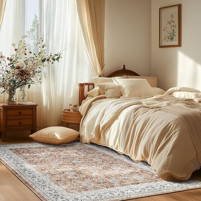 jinchan Floral 5x7 Area Rugs for Bedroom - Machine Washable Vintage Distressed Boho Design Throw Rug Stain Resistant Carpet Low-Pile Thin Non-Slip for Nursery Living Room Dining Room (5‘x7',Orange)-CubbioJoy