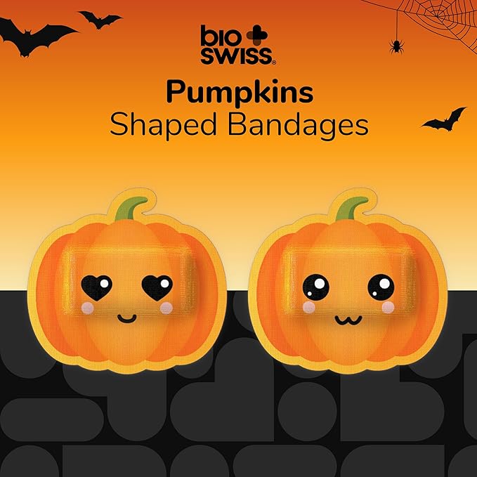 BioSwiss Bandages, Halloween Pumpkin Shaped Self Adhesive Bandage, Latex Free Sterile Wound Care, Fun First Aid Kit Supplies for Kids, 24 Count-CubbioJoy