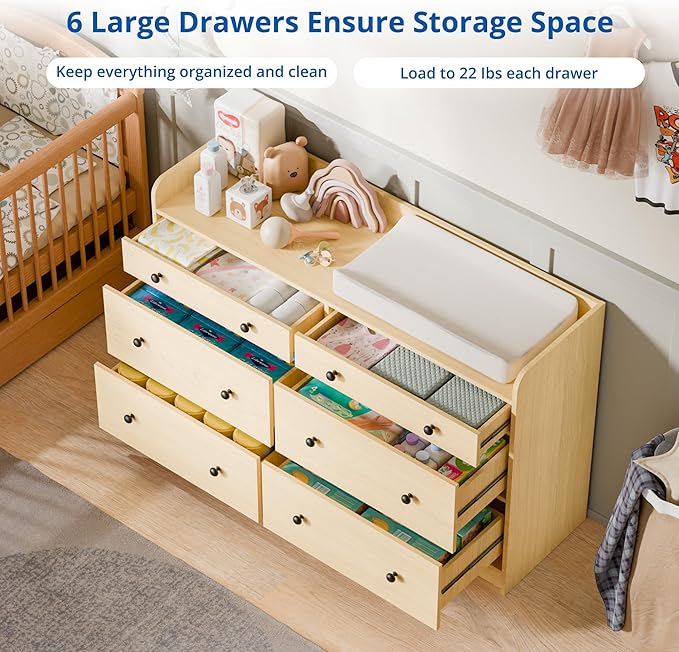 Cozy Castle Baby Dresser with 6 Drawers and Large Table Top, Multi-Functional Chest of Drawer, Drawer Dresser with Three-Sided High Rails for Nursery, Children's Room, Bedroom, Oak-CubbioJoy