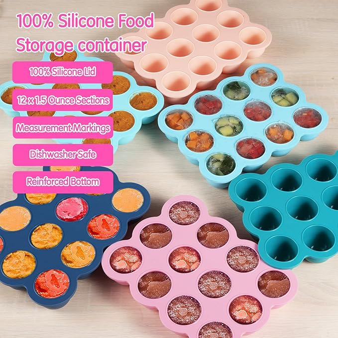 Baby Food Storage 12 x 1.5OZ Silicone Freezer Tray with Lid, Food Grade Silicone Containers for Purees & Vegetables Pink-CubbioJoy