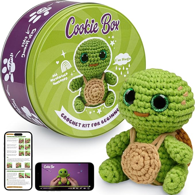 Cookie Box Crochet Kit for Beginners - Learn to Craft Amigurumi Stuffed Animals - Knitting Gift for Kids and Adults - Beginner-Friendly Yarn - Stitch-by-Stitch Video Tutorial - Turtle Hugo-CubbioJoy