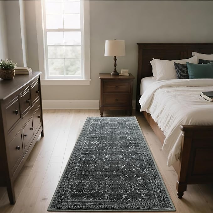 2x6 Washable Kitchen Runner Rug for Hallways, Non Slip Laundry Runners for Bathroom, Low Pile Rubber Backed Rugs for Entryway, Vintage Floral Carpet for Living Room Bedroom Black/Gray-CubbioJoy