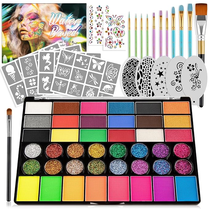 42 Colors Kids Face Painting Kit,Non Toxic Water Activated Face Paint Palette with 5 Reusable & 45 Sticky Stencils,11 Brushes,2 Gems.Ideal for Mardi Gras,Halloween,Christmas,makeup,Parties,Makeup etc.-CubbioJoy
