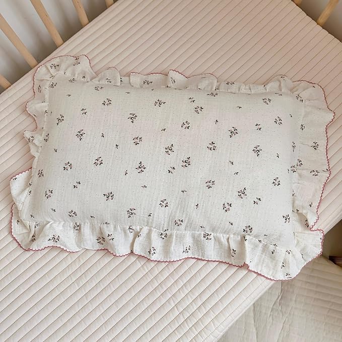 BuLuTu Cotton Muslin Kids Toddler Pillowcase with Ruffles, Chic Shabby Floral Pillow Cases, Girls Pillow Covers Fit 12"x16"/13"x18"/14"x19" Kids Pillow, Envelope Closure, Primrose Pattern, 1 Pack-CubbioJoy