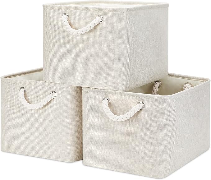 Bidtakay Baskets Collapsible Large Toy Storage Baskets for Organizing Set of 3 Closet Organizer Linen Cream Storage Bins 15 X 11 X 9.5 Inch Shelf Organizer Bins for Nursery Storage (Light Beige)-CubbioJoy