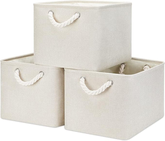 Bidtakay Baskets Collapsible Large Toy Storage Baskets for Organizing Set of 3 Closet Organizer Linen Cream Storage Bins 15 X 11 X 9.5 Inch Shelf Organizer Bins for Nursery Storage (Light Beige)-CubbioJoy