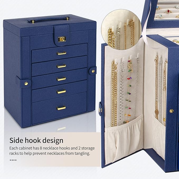AKOZLIN Large Jewelry Box Organizer Functional Lockable with Big Mirror, Leather Jewelry Storage Case for Women Girls Ring Necklace Earring Bracelet Holder Organizer Blue-CubbioJoy