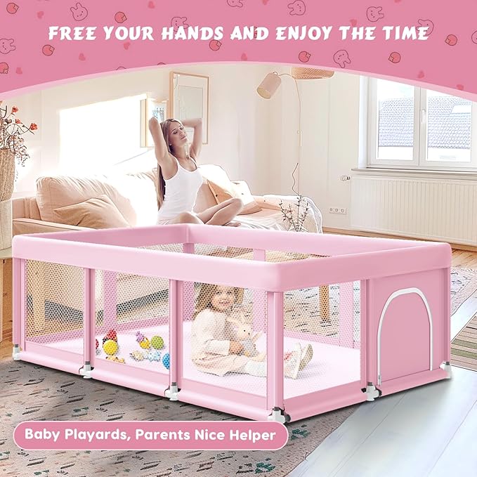 74" ×50" Large Baby Playpen, Baby Playard for Babies and Toddlers, Play Pens for Indoor & Outdoor, Sturdy Safety Play Yard with Soft Breathable Mesh, Anti-Fall, Pink-CubbioJoy